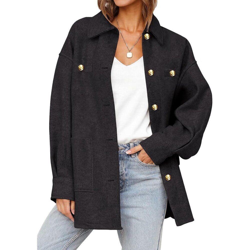 Women's Fall Oversized Long Sleeve Shacket Jackets 2024 Button Down Coats with P